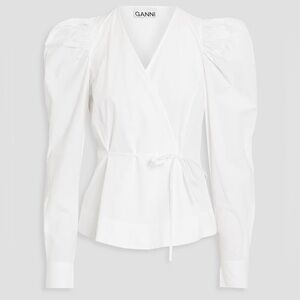 Ganni Cotton Poplin Wrap White Puff Sleeve Top